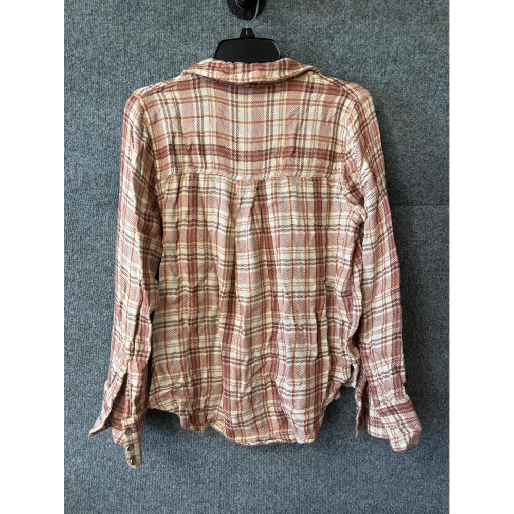 Free People Plaid Button Down Shirt Womens Medium Tan Brown Long Sleeve Boho - Picture 3 of 3